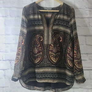 Daniel Rainn Boho Blouse Top Womens Medium Black Paisley Floral Roll Tab Sleeves